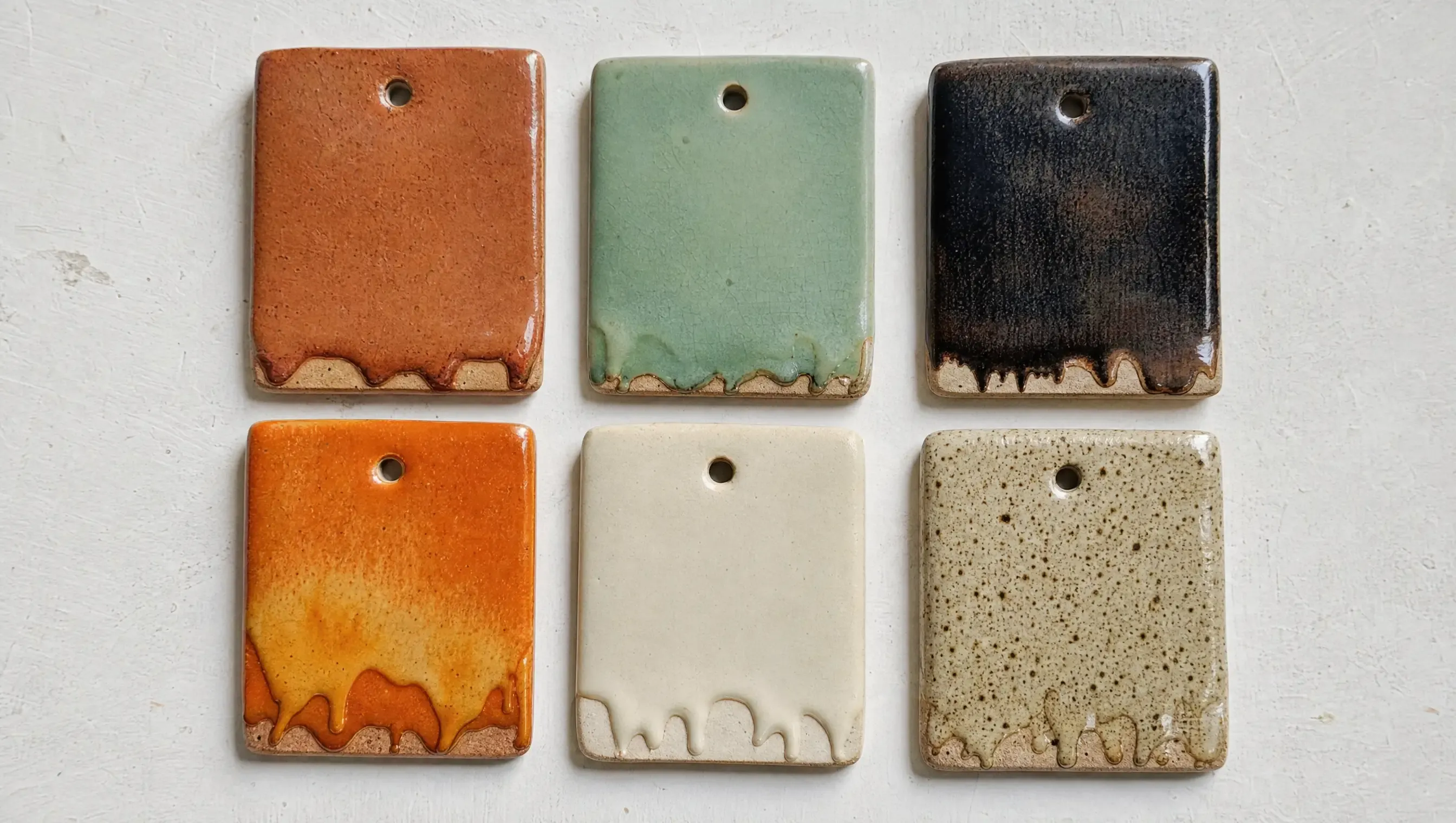 Overhead photo of six ceramic glaze test tiles — terracotta, celadon, tenmoku, kiln-glow orange, matte cream and speckled oatmeal — on a plaster-white table