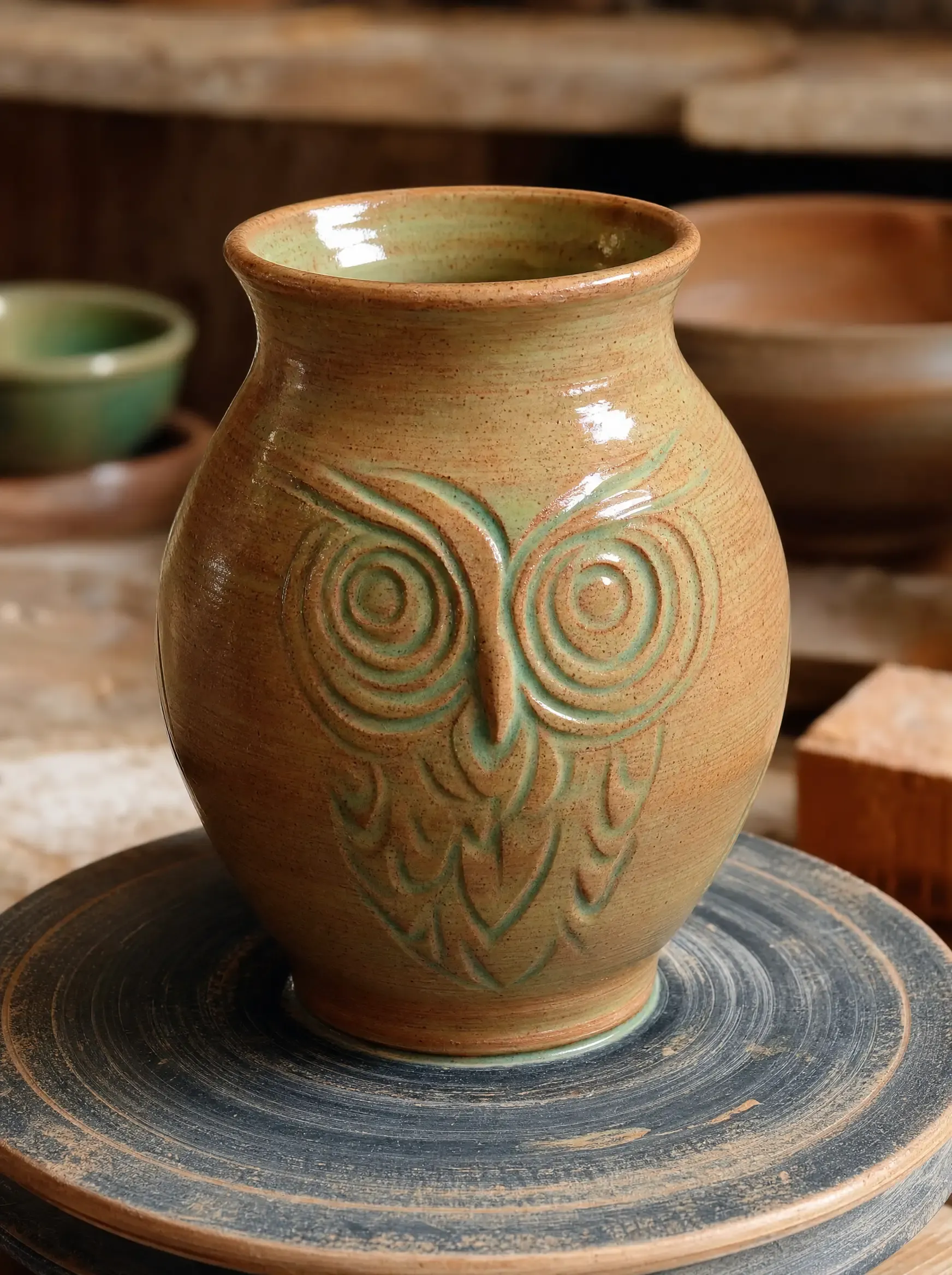 Hand-thrown terracotta vessel with an owl face carved in relief, celadon glaze pooling in the carved lines, resting on a potter's wheel